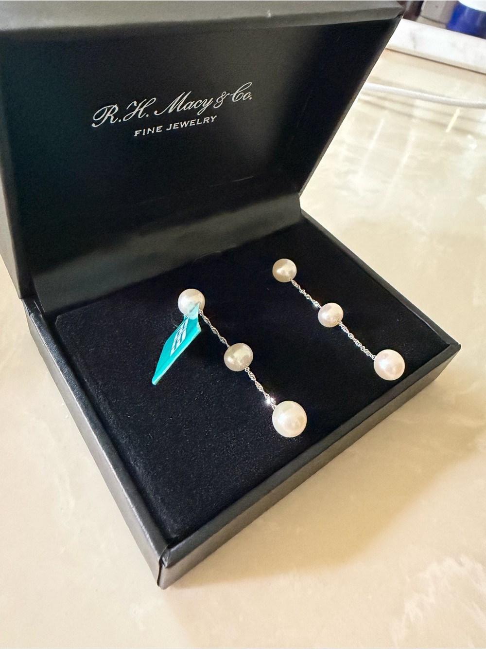 Macys Effy White Pearl 14K Drop Earrings